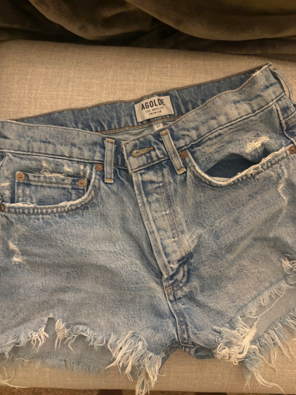 Agolde Light Wash Distressed Denim Cutoff Shorts